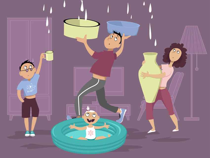 Grafik: Junge Leute bei einem Wasserschaden an der Wohnzimmerdecke